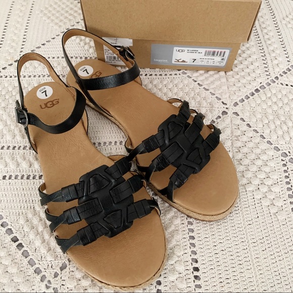 UGG Shoes - UGG Larisa Black Leather Espadrille Sandals New